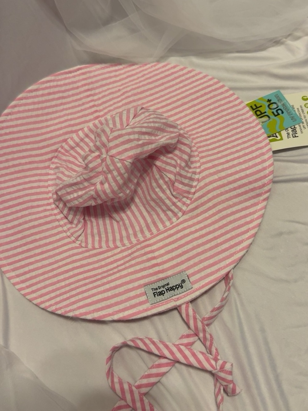 NEW the original Flap Happy hat Pink & White Striped Sun Hat with Chin Ties
